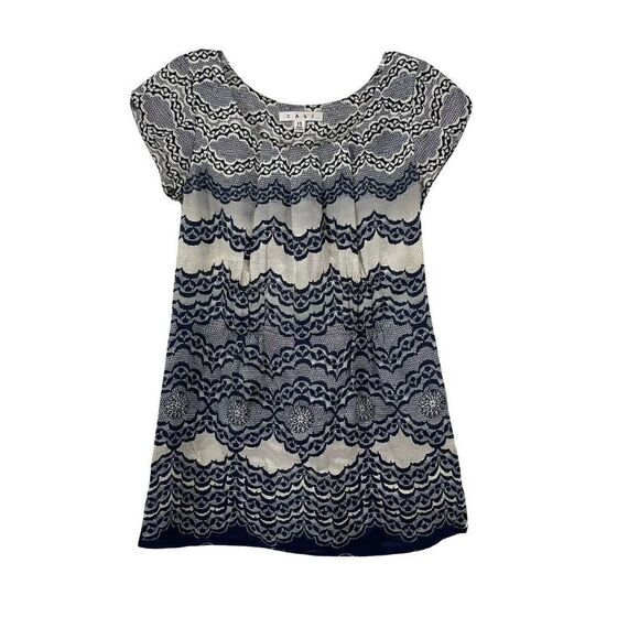 CAbi Silk Chantilly Lace Print Blouse Top Blue #817 Size XS Short Sleeve Shirt - Picture 1 of 8